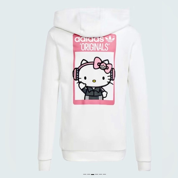 adidas Tops - Adidas Originals x Hello Kitty White Pullover Hoodie Sweatshirt Headphones Pink